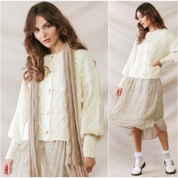 Blossom Boutique Sweaters - 1 LEFT! Women's Cream Pom Knit Button Front Cardigan Elegant Classy Fall Sweater